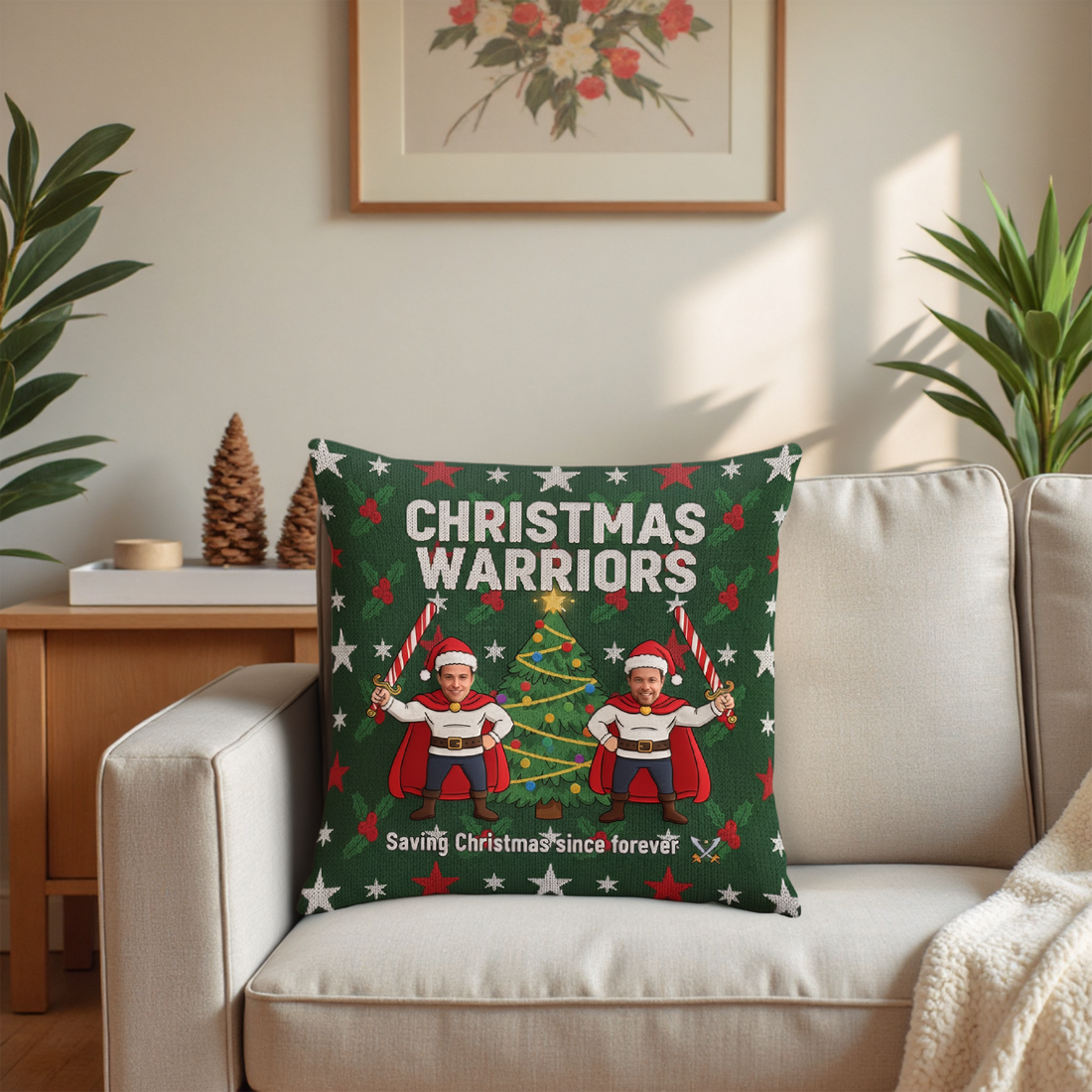 Personalized Christmas Pillow – Custom Face | Funny “Christmas Warriors” Design | Unique Holiday Gift for Him, Friends & Family | Pillow22