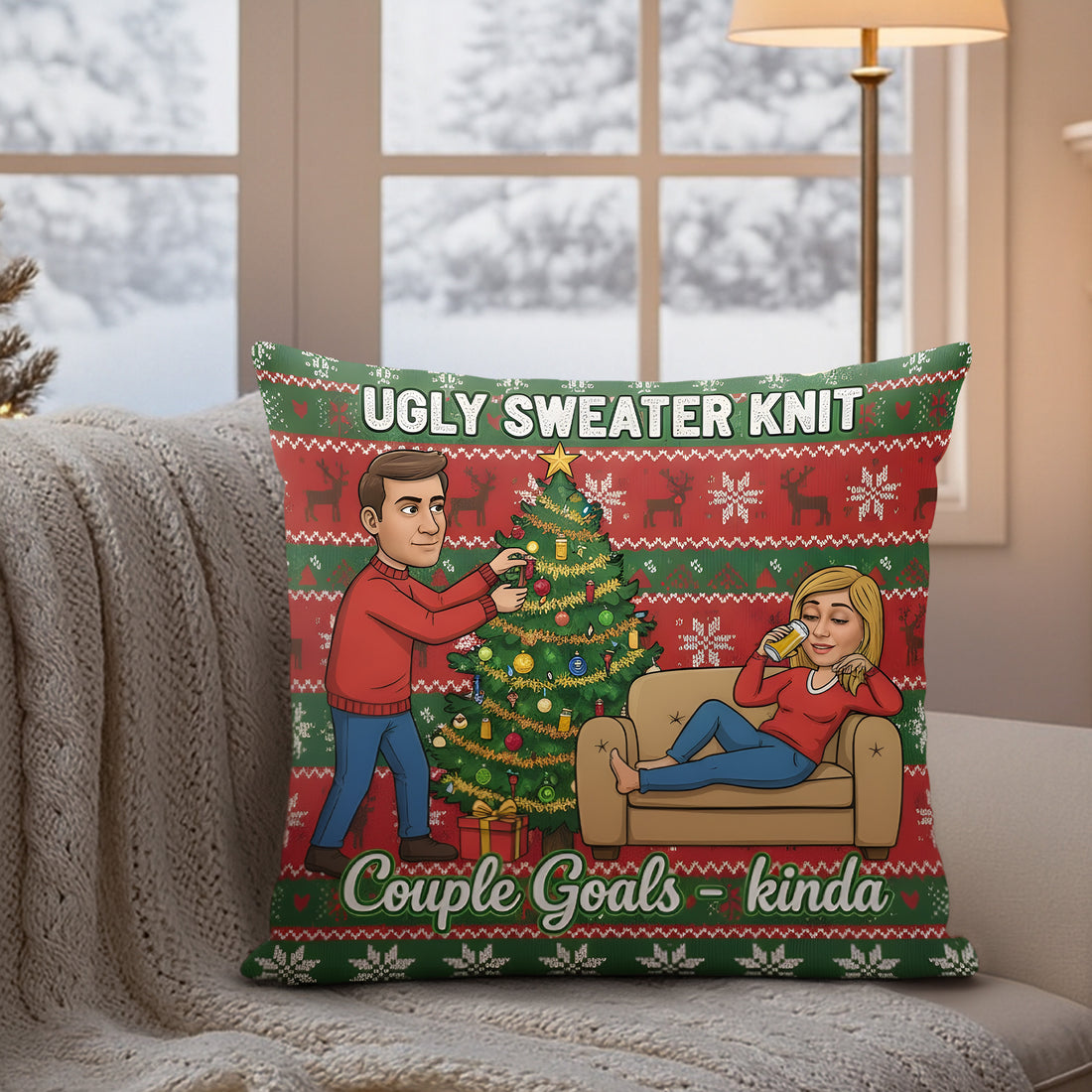 Funny Couple Christmas Pillow – Ugly Sweater Knit Design, Personalized Photo Gift for Him & Her, Holiday Humor Decor Cushion | Pillow72