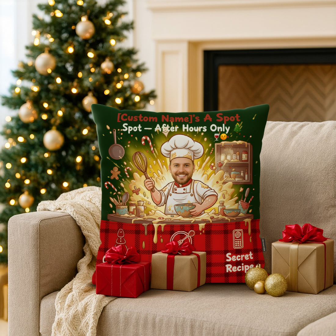 Personalized Christmas Pillow – Custom Face & Name | Funny Chef “After Hours Spot” Design | Unique Holiday Gift for Him or Her | Pillow15