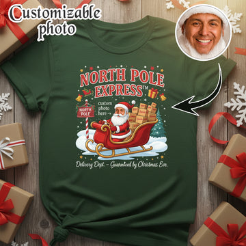 North Pole Express Custom Photo Christmas T-Shirt, Personalized Santa Sleigh Tee, Funny Holiday Gift, Xmas Shirt for Men Women Kids  | T-shirt 37
