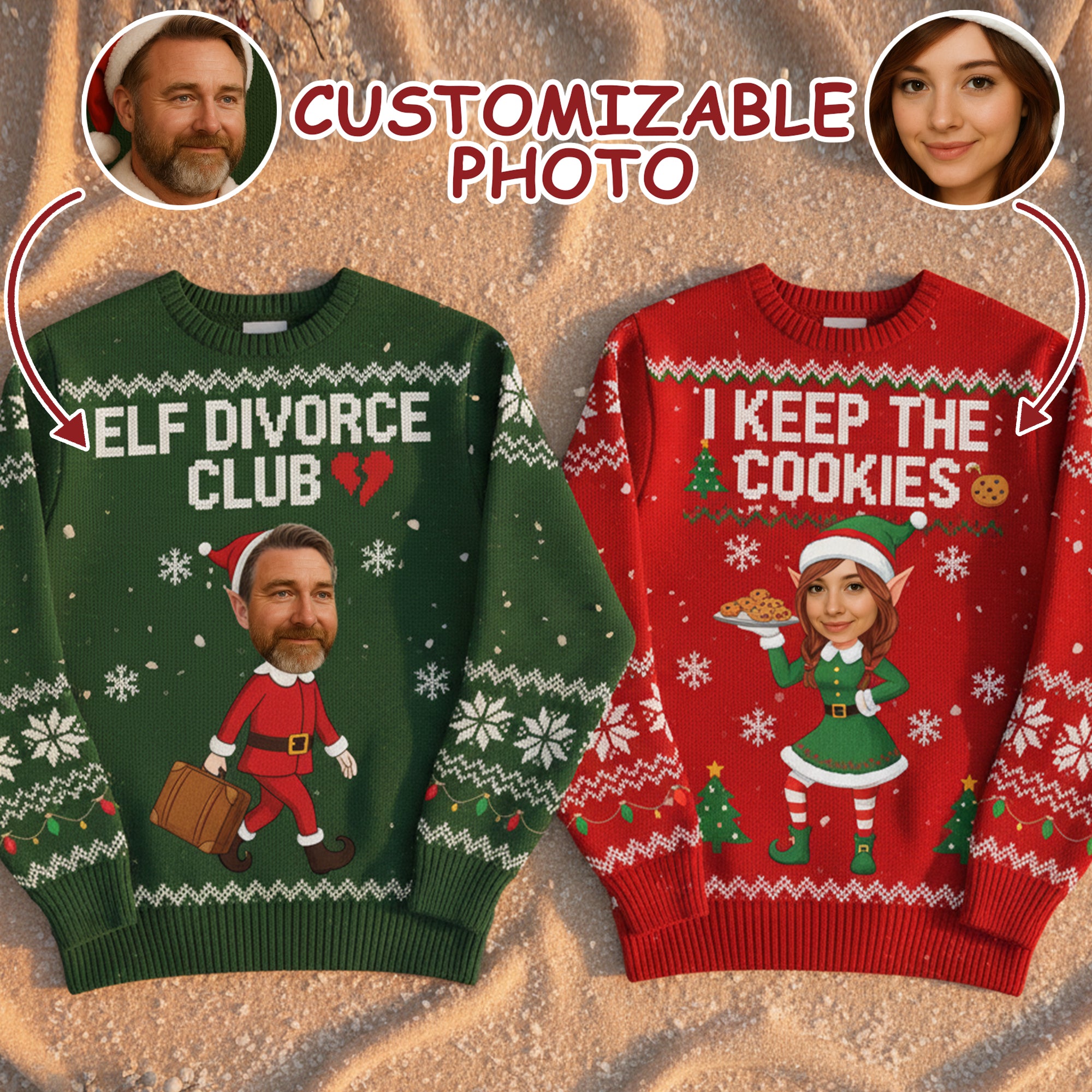 Elf Divorce Club & I Keep The Cookies Ugly Christmas Sweater – Customizable Photo, Funny Elf Jumper, Holiday Humor | Ugly 52