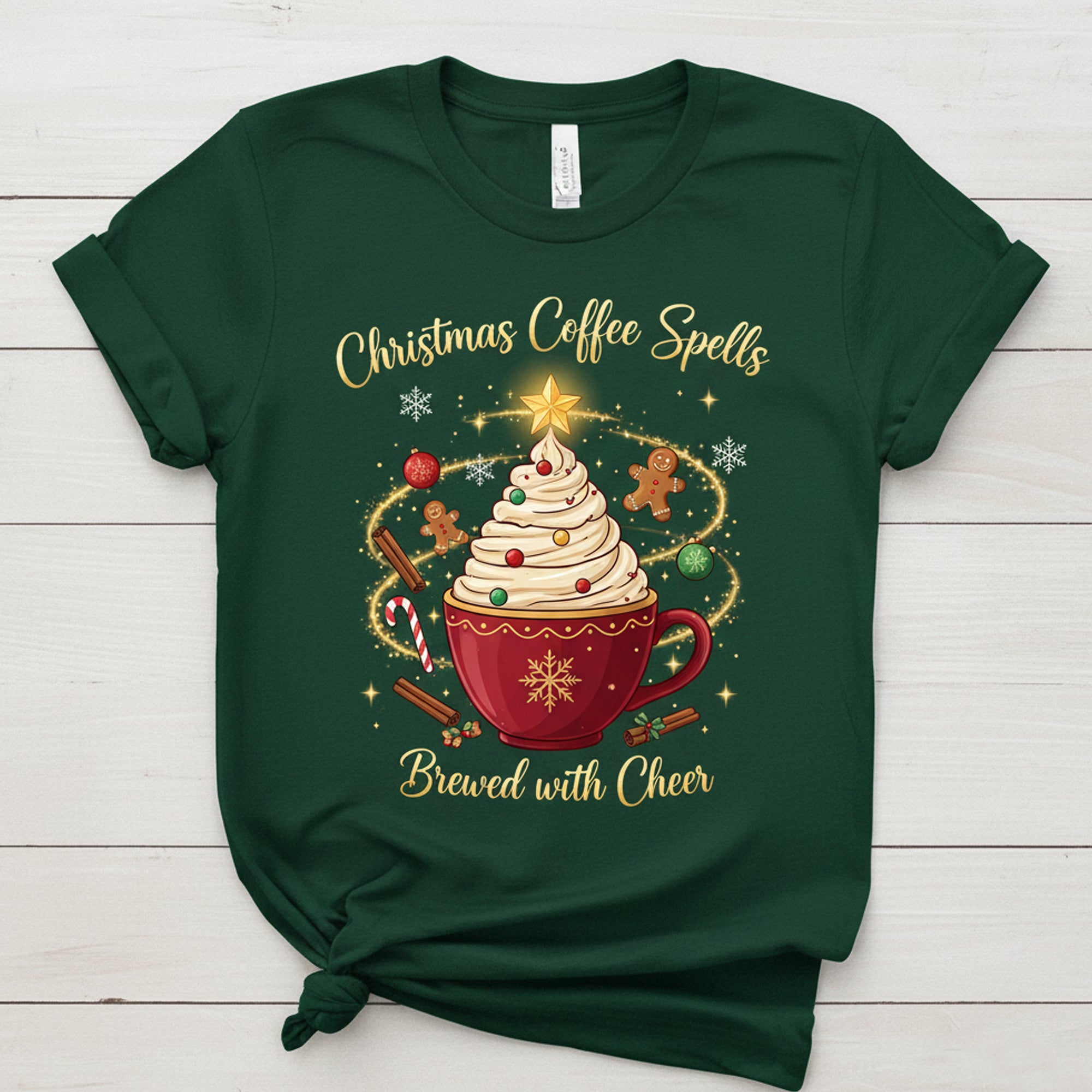 Christmas Coffee Spells Brewed With Cheer T-Shirt, Holiday Coffee Lover Tee, Funny Xmas Shirt for Women Men | Tshirt38