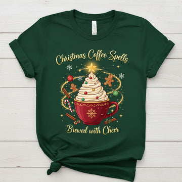 Christmas Coffee Spells Brewed With Cheer T-Shirt, Holiday Coffee Lover Tee, Funny Xmas Shirt for Women Men | Tshirt38
