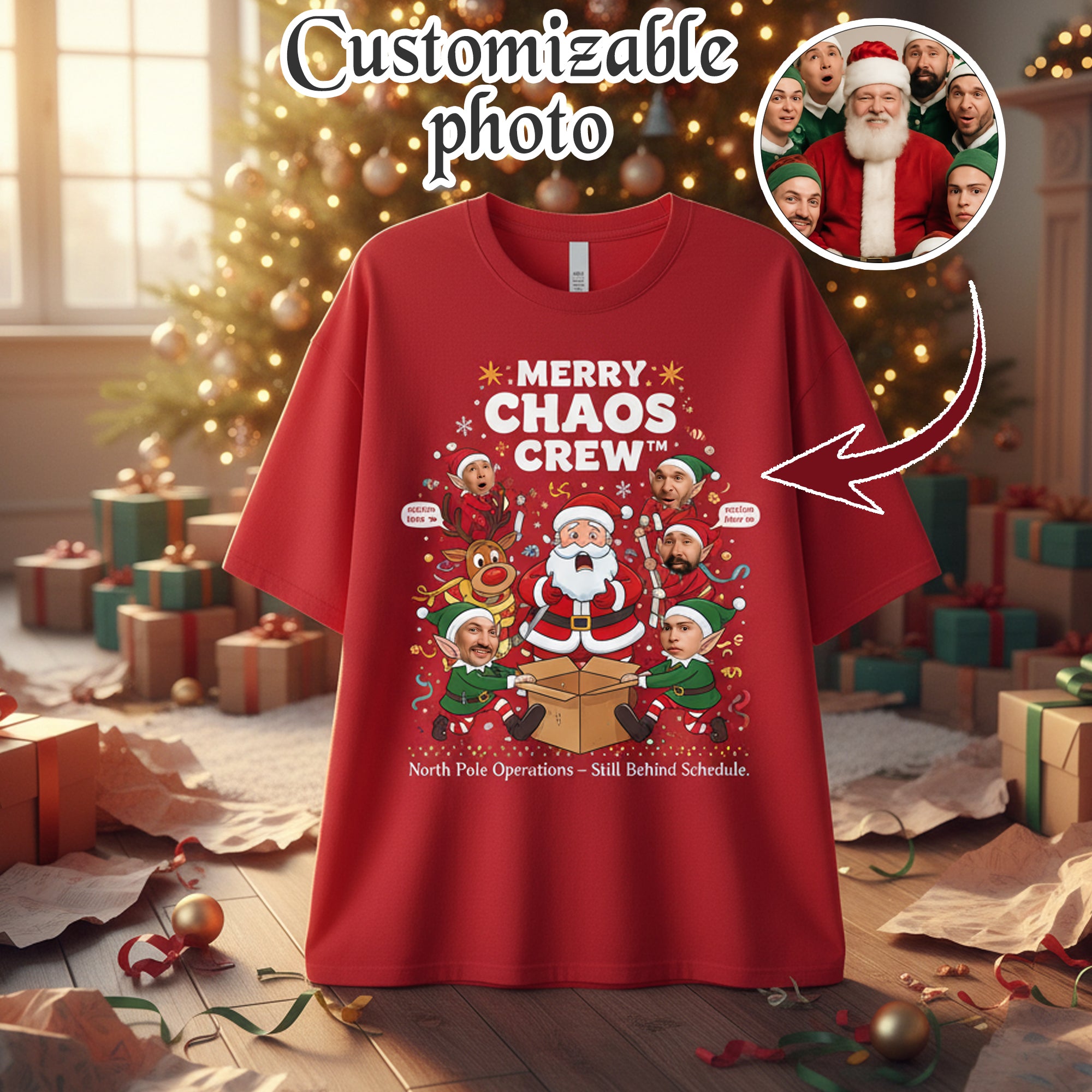 Merry Chaos Crew Custom Photo Christmas T-Shirt, Funny Family Xmas Tee, Personalized Santa Elf Shirt, Holiday Gift for Men Women Kids  | Tshirt33