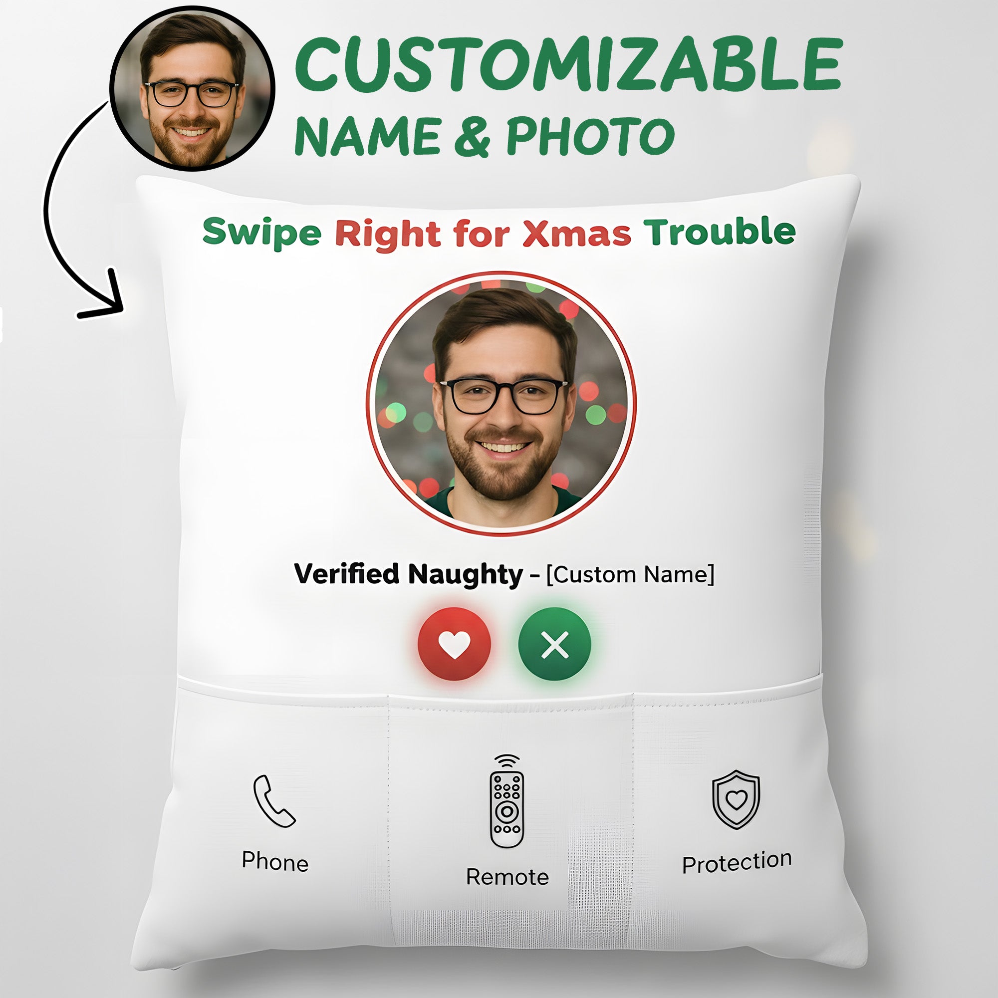 Personalized Funny Christmas Pillow | Custom Face & Name Cushion | Verified Naughty Xmas Gift | Swipe Right Holiday Decor | Pillow59