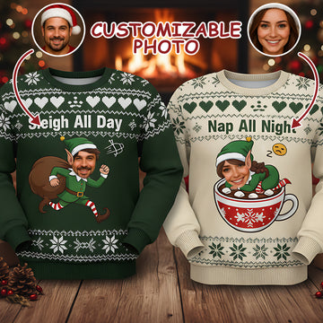 Custom Photo Couple Ugly Christmas Sweater, Sleigh All Day, Nap All Night, Funny Matching Xmas Jumper, Personalized Face Holiday Gift | Ugly 45