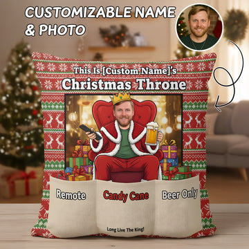 Personalized Christmas Pillow – Custom Face & Name | “Christmas Throne” Funny & Faith-Inspired Holiday Gift for Him | Pillow4