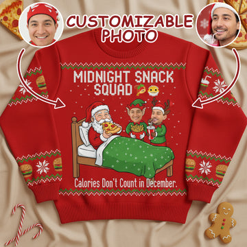 Custom Photo Ugly Christmas Sweater, Funny Foodie Xmas Jumper, Midnight Snack Squad, Personalized Family Holiday Sweatshirt | Ugly 57