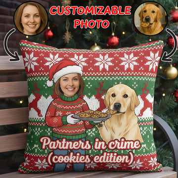 Custom Partners in Crime Pillow – Funny Personalized Dog & Owner Christmas Gift, Cookies Edition, Custom Photo Linen Cushion, Holiday Decor | Pillow47