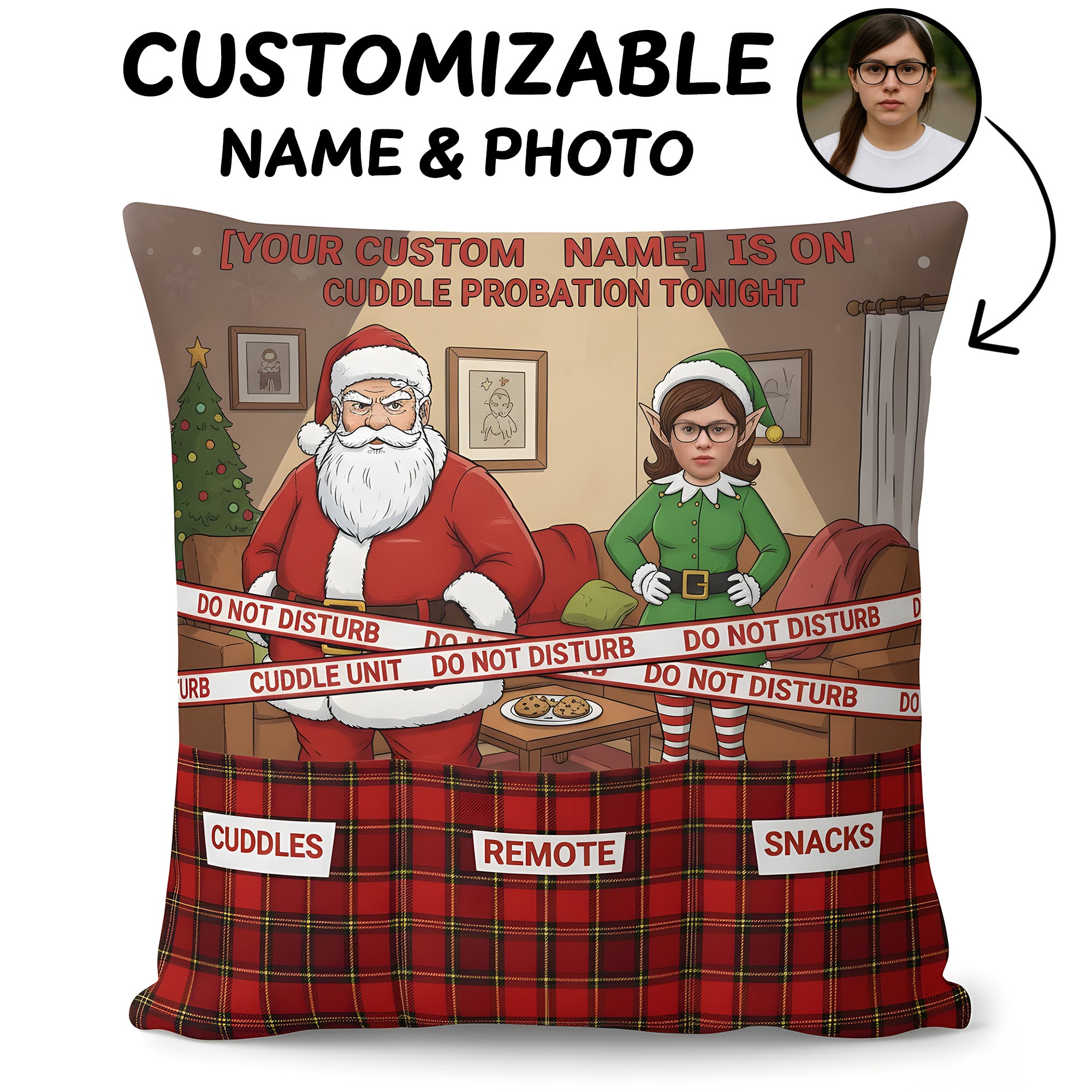 Personalized Christmas Pillow | Funny Santa & Elf Cushion | Custom Name & Photo Gift | Cuddle Probation Decor | Holiday Humor Gift | Pillow57