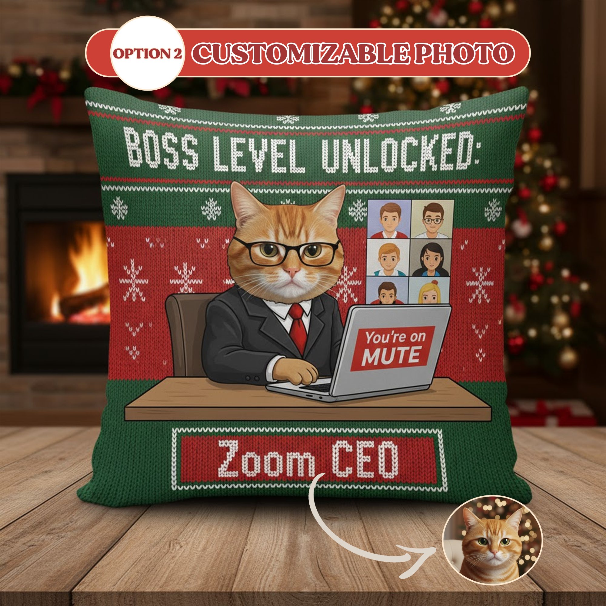 Funny Pet Christmas Pillow – Boss Level Unlocked: Zoom CEO – Cat Office Humor Cushion – Gift for Coworkers, Pet Lovers| Pillow 95