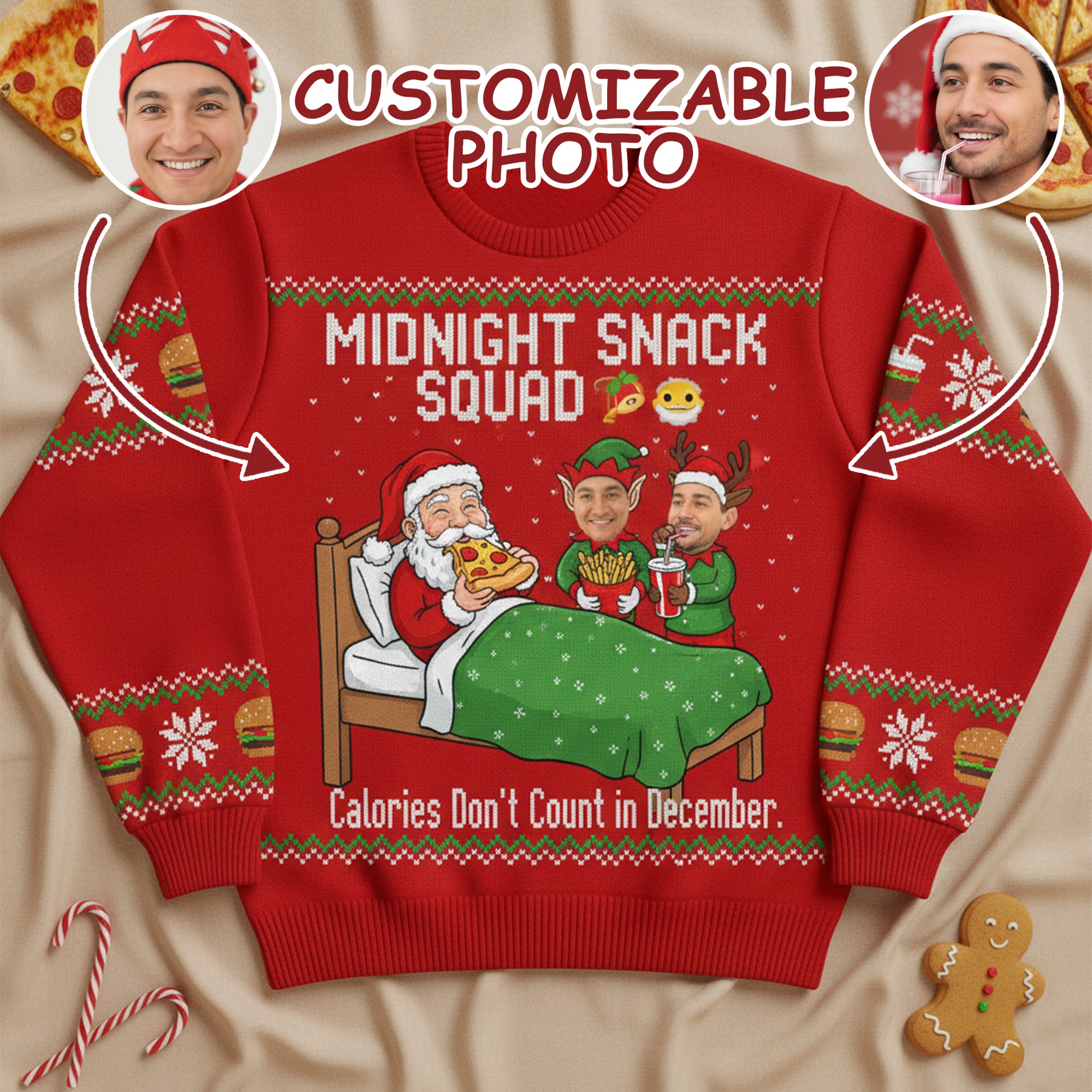 Custom Photo Ugly Christmas Sweater, Funny Foodie Xmas Jumper, Midnight Snack Squad, Personalized Family Holiday Sweatshirt | Ugly 56