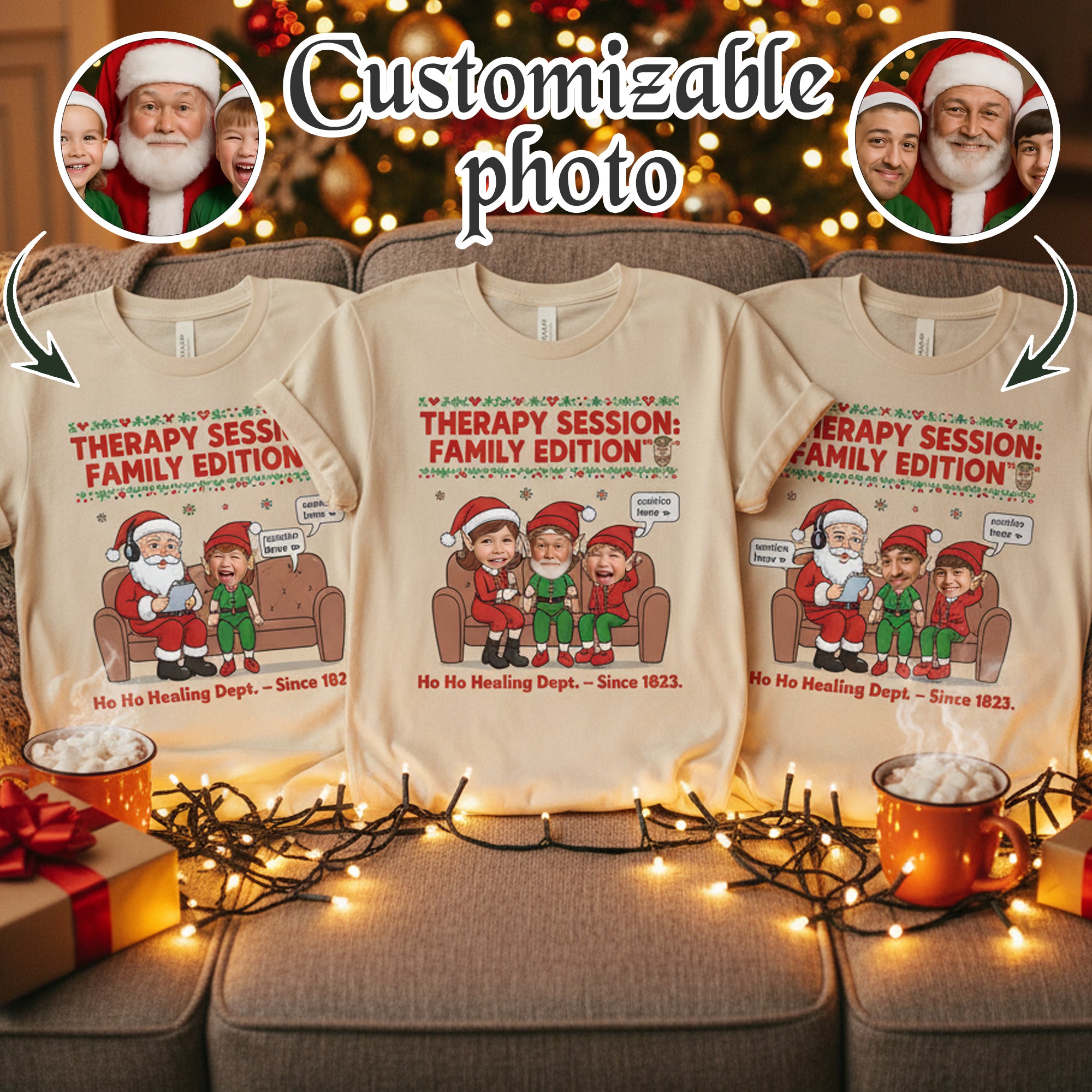 Therapy Session Family Edition Custom Photo Christmas T-Shirt, Funny Personalized Santa Elf Tee, Holiday Family Gift, Matching Xmas Shirt  | T-shirt 26