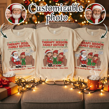 Therapy Session Family Edition Custom Photo Christmas T-Shirt, Funny Personalized Santa Elf Tee, Holiday Family Gift, Matching Xmas Shirt  | T-shirt 26