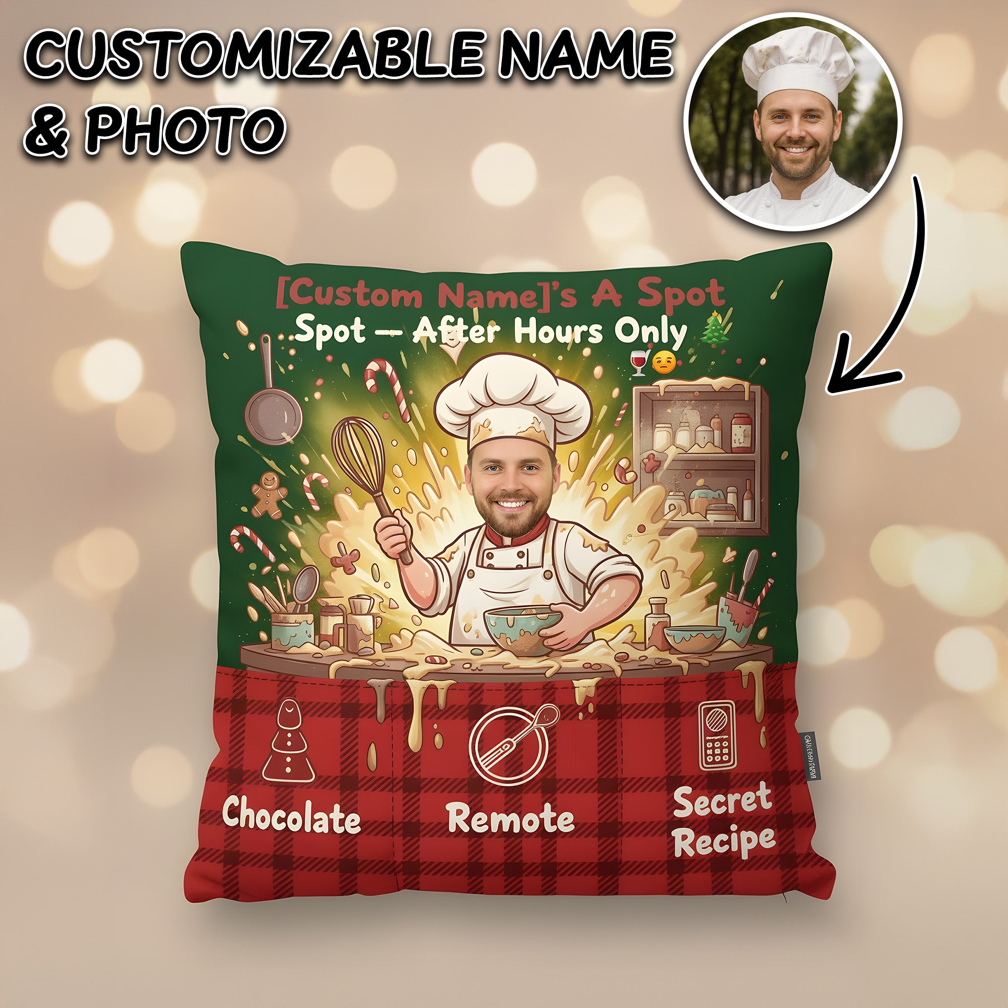 Personalized Christmas Pillow – Custom Face & Name | Funny Chef “After Hours Spot” Design | Unique Holiday Gift for Him or Her | Pillow15