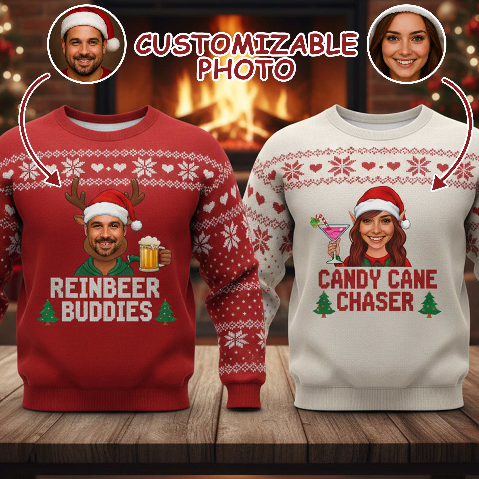 Custom Photo Couple Ugly Christmas Sweater, Reinbeer Buddies, Candy Cane Chaser, Funny Matching Xmas Jumper, Personalized Face Holiday Gift | Ugly 44
