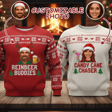 Custom Photo Couple Ugly Christmas Sweater, Reinbeer Buddies, Candy Cane Chaser, Funny Matching Xmas Jumper, Personalized Face Holiday Gift | Ugly 44