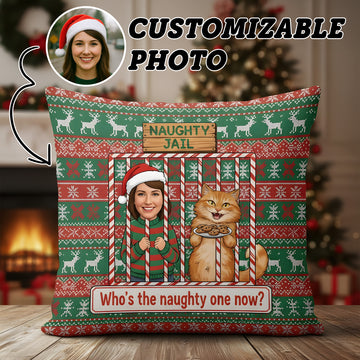 Custom Naughty Christmas Pillow – Funny Cat and Owner Gift, Personalized Photo Linen Cushion, Holiday Decor | Pillow41