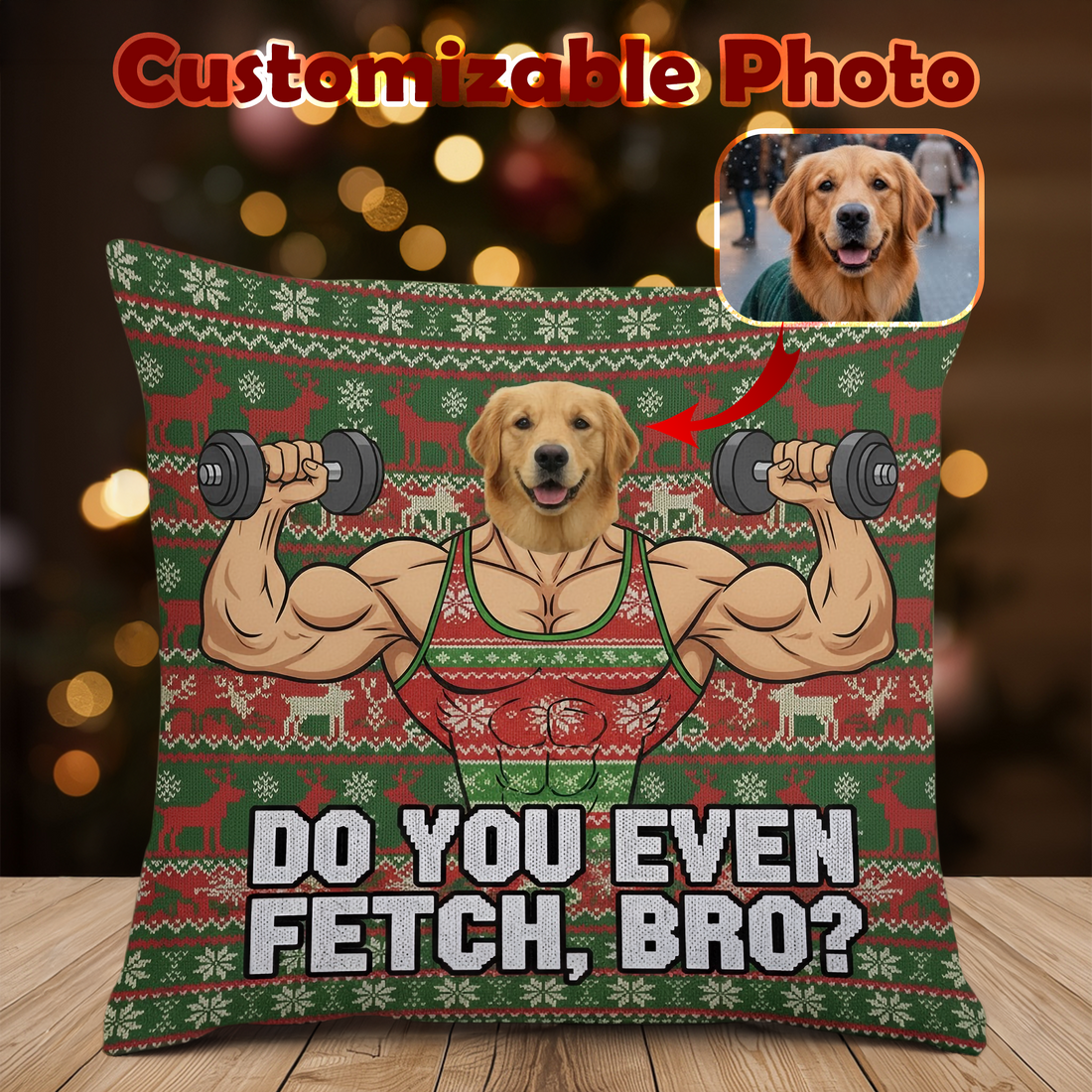 Funny Dog Pillow – Do You Even Lift Hooman – Personalized Pet Photo Cushion – Custom Christmas Gym Dog Gift – Pet Lover Holiday Decor | Pillow 37, 38