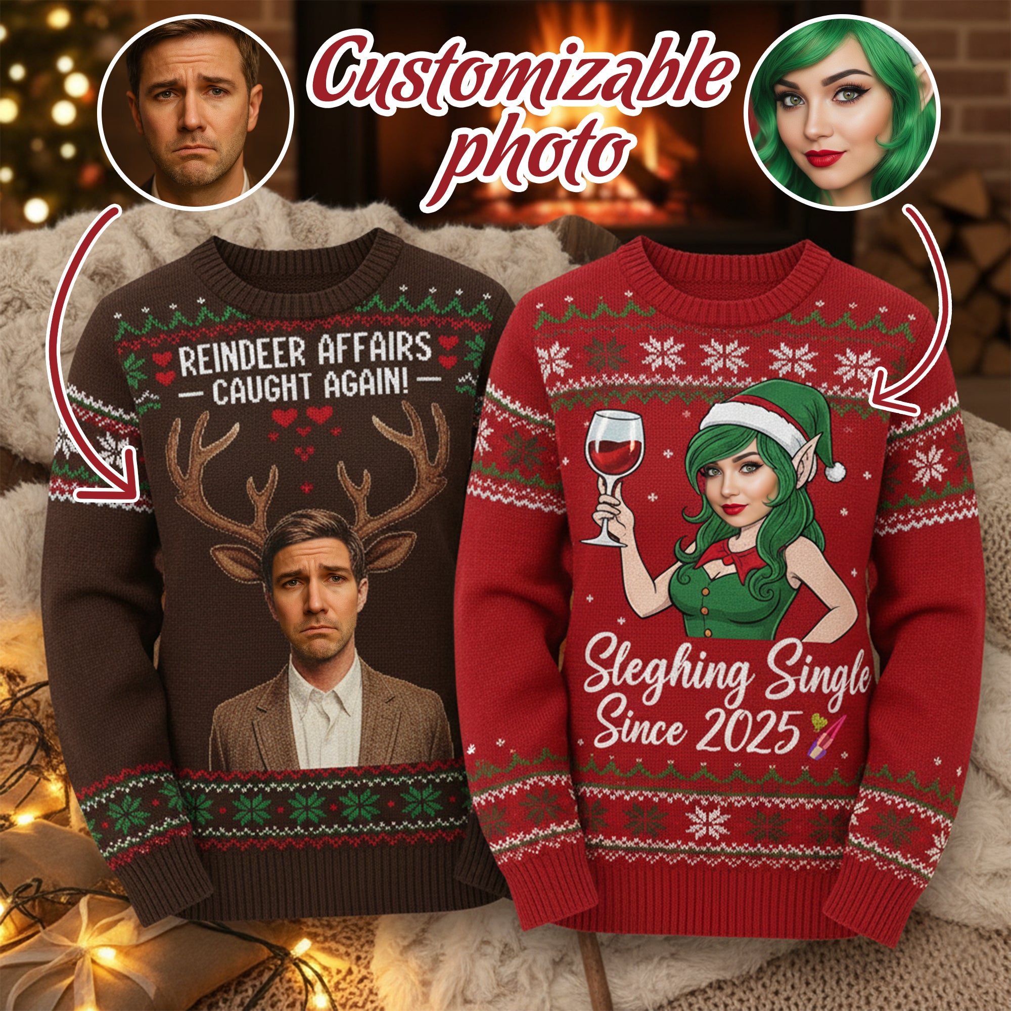 Custom Photo Couple Ugly Christmas Sweater, Reindeer Affairs, Sleighing Single 2025, Funny Personalized Face Xmas Jumper | Ugly 95