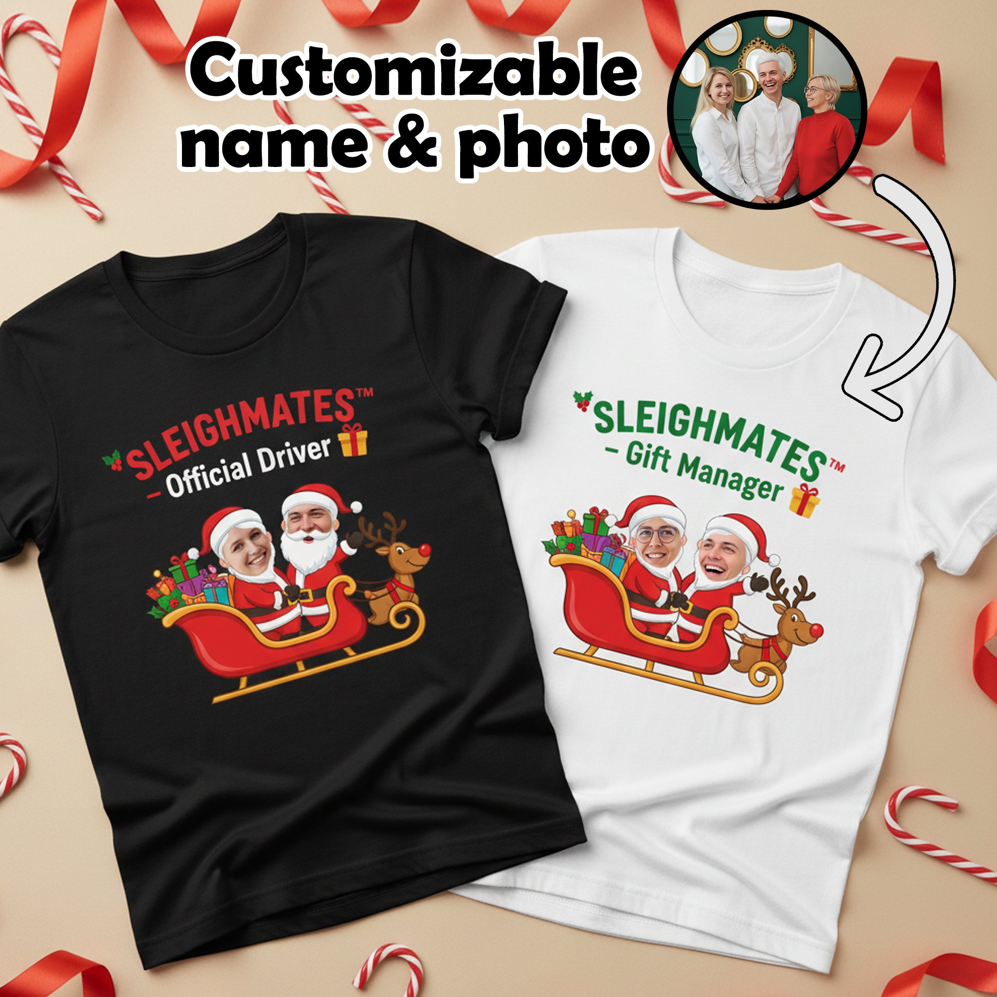 Sleighmates Christmas T-Shirt, Funny Couple Custom Photo Tee, Personalized Santa Sleigh T-shirt, Holiday Gift for Husband Wife Family| Tshirt82