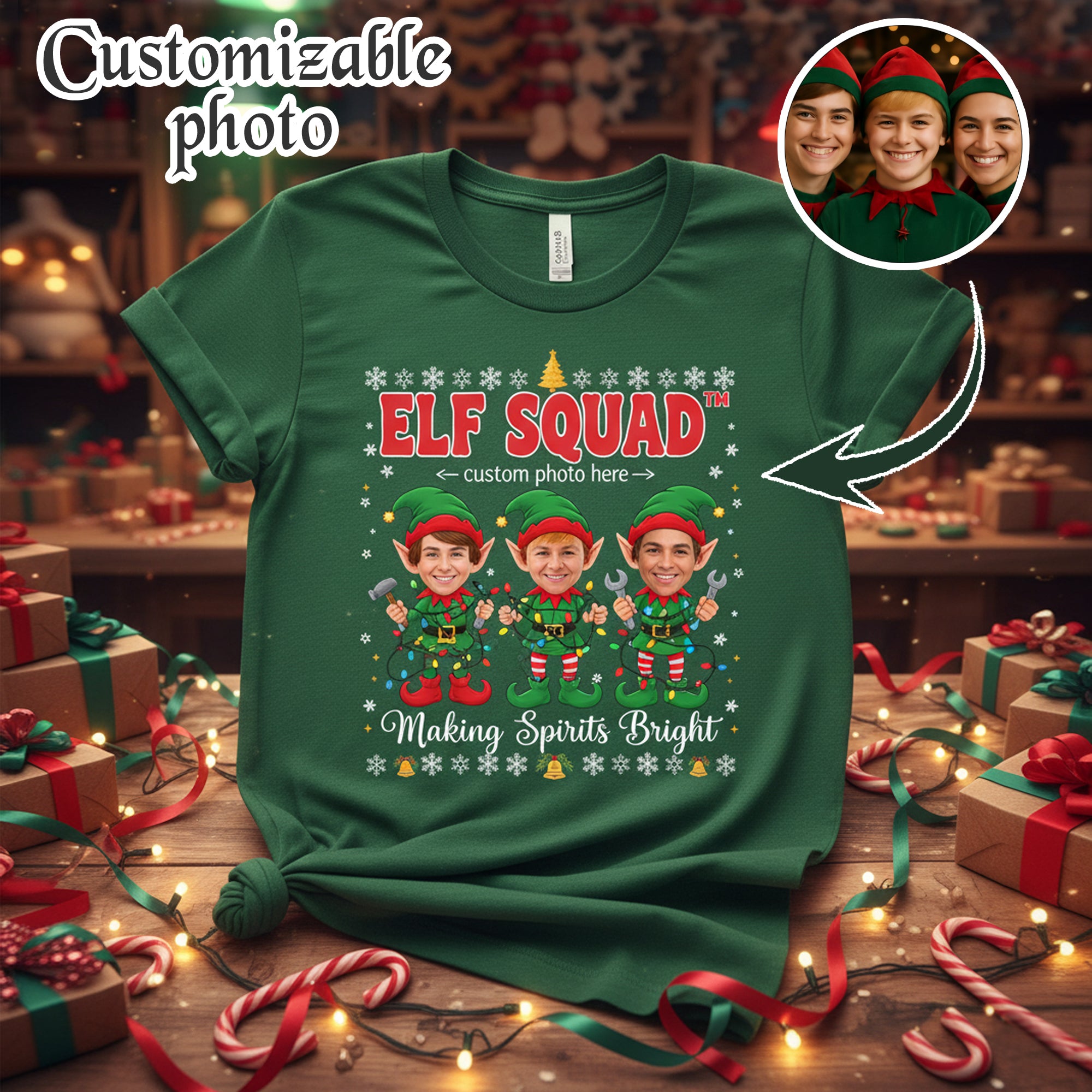 Elf Squad Custom Photo Christmas T-Shirt, Personalized Family Xmas Tee, Funny Holiday Elf Shirt, Matching Group Gift for Men Women Kids  | T-shirt 32
