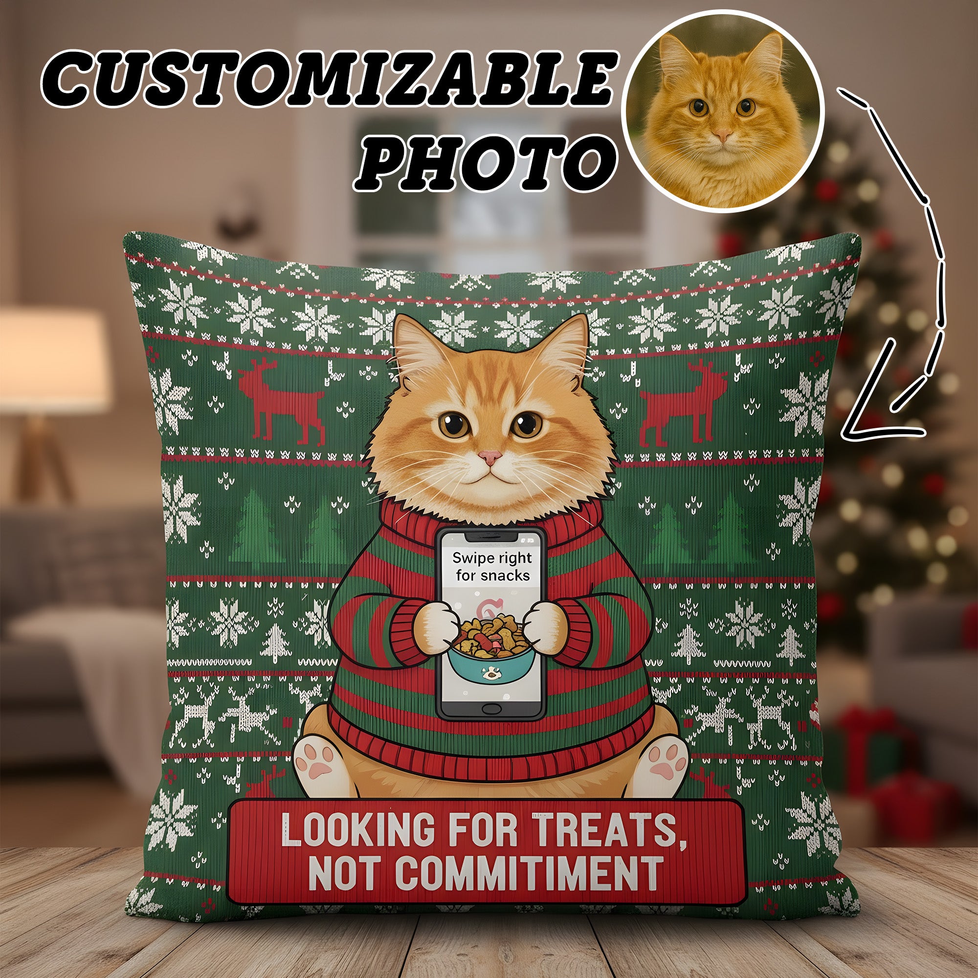 Custom Cat Christmas Pillow – Funny Pet Gift, Personalized Photo Linen Cushion, Double Sided Print | Pillow35