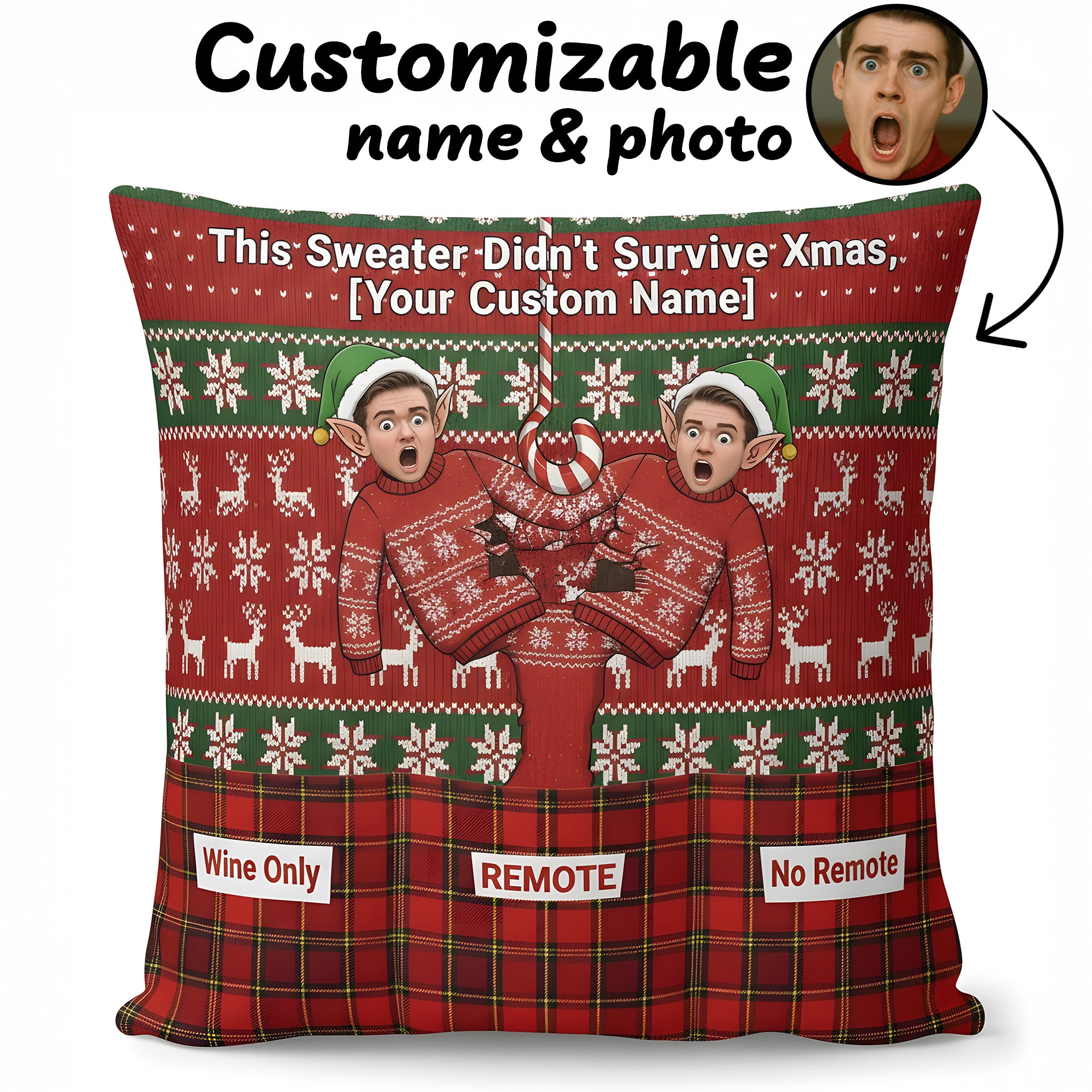 Personalized Funny Christmas Pillow | Custom Face & Name Cushion | Ugly Sweater Xmas Decor | Hilarious Holiday Gift for Friends | Pillow66