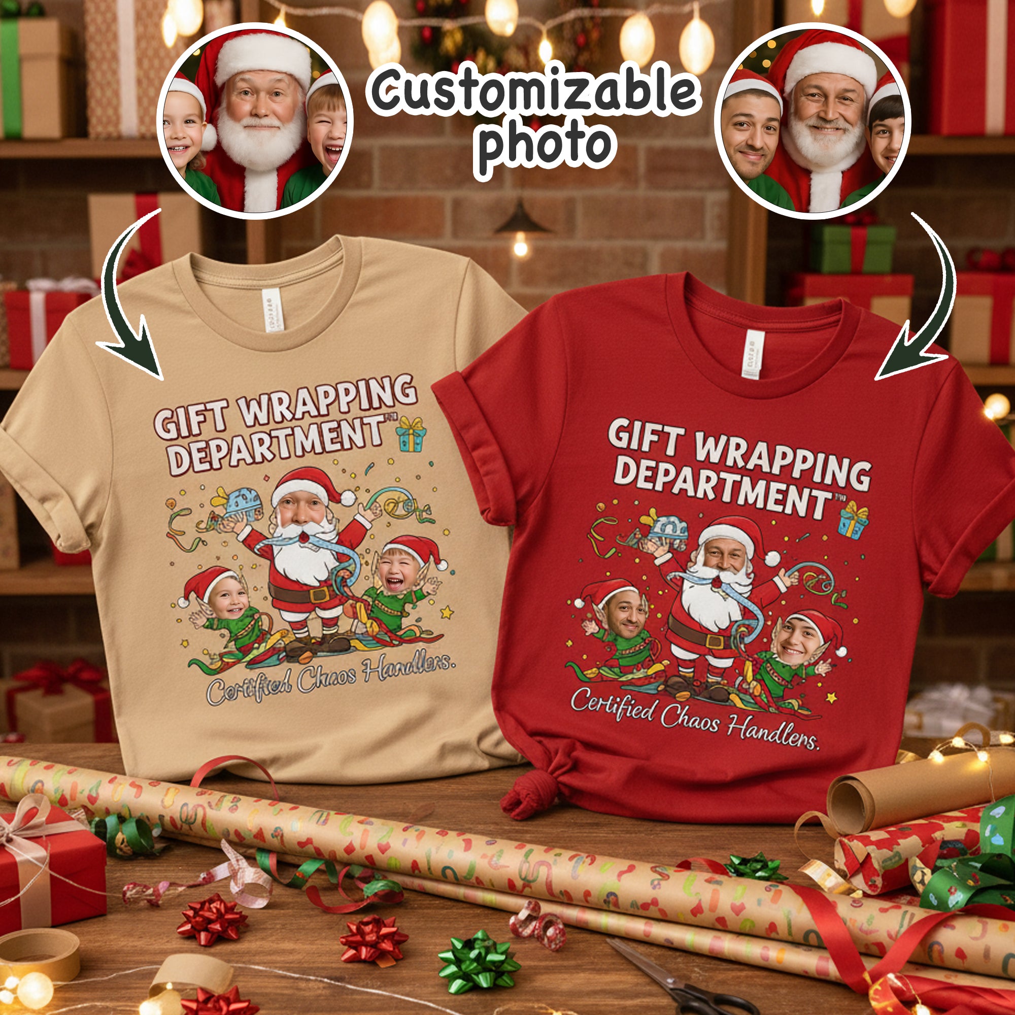 Gift Wrapping Department Custom Photo Christmas T-Shirt, Funny Personalized Santa Elf Tee, Holiday Family Matching Shirt, Xmas Gift Idea | T-shirt 18