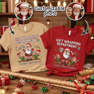 Gift Wrapping Department Custom Photo Christmas T-Shirt, Funny Personalized Santa Elf Tee, Holiday Family Matching Shirt, Xmas Gift Idea | T-shirt 18