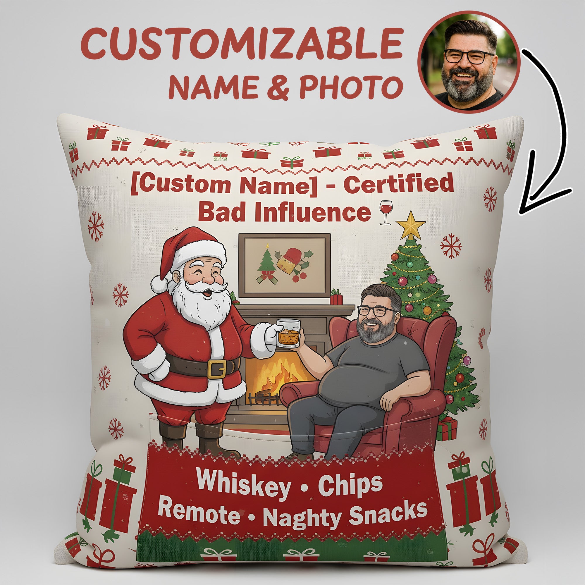 Custom Funny Christmas Pillow – Certified Bad Influence, Personalized Photo & Name Gift, Santa Whiskey Holiday Decor Cushion | Pillow71