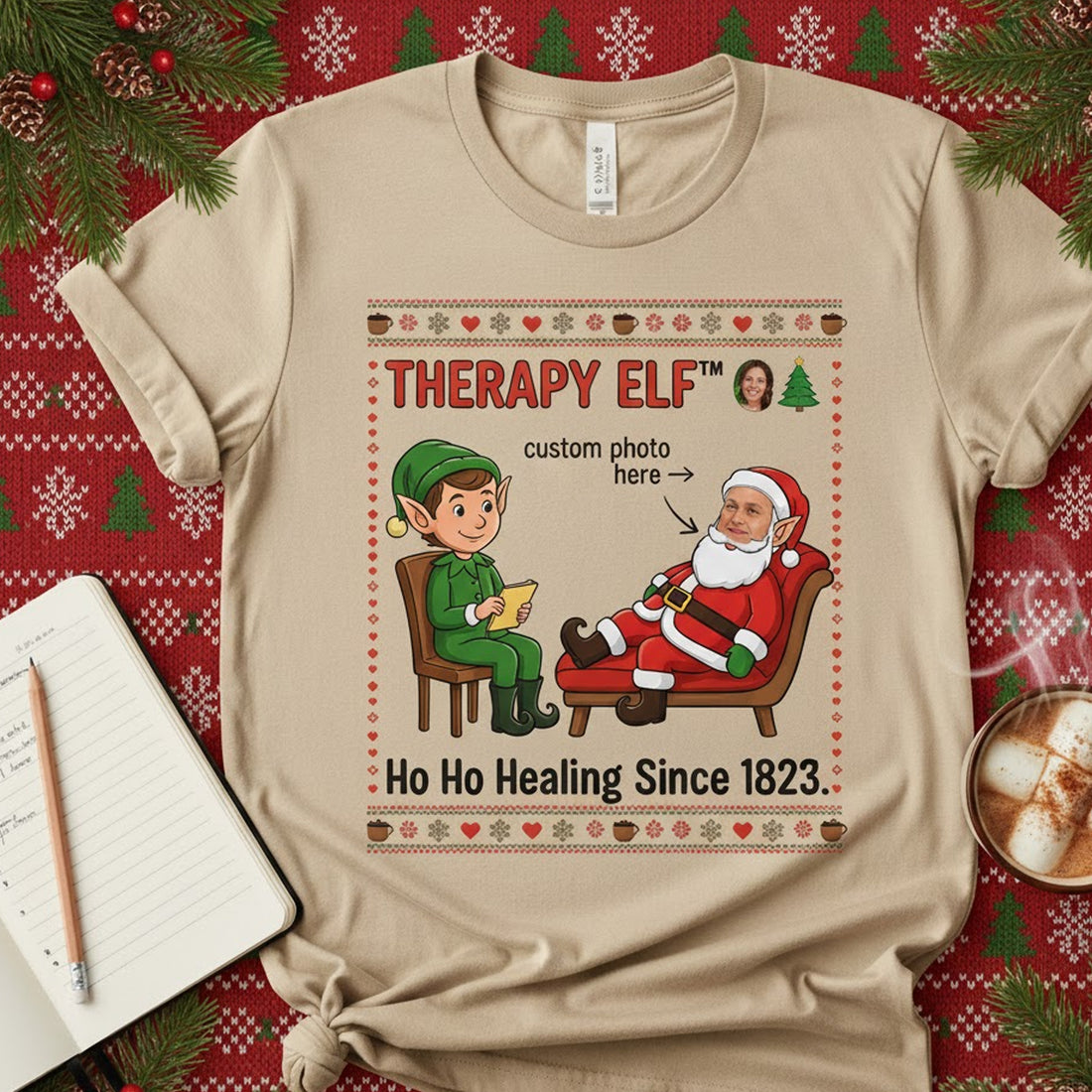 Therapy Elf Custom Photo Christmas T-Shirt, Funny Personalized Santa Tee, Holiday Humor Shirt, Xmas Gift for Him Her, Matching Family Top | T-shirt 8