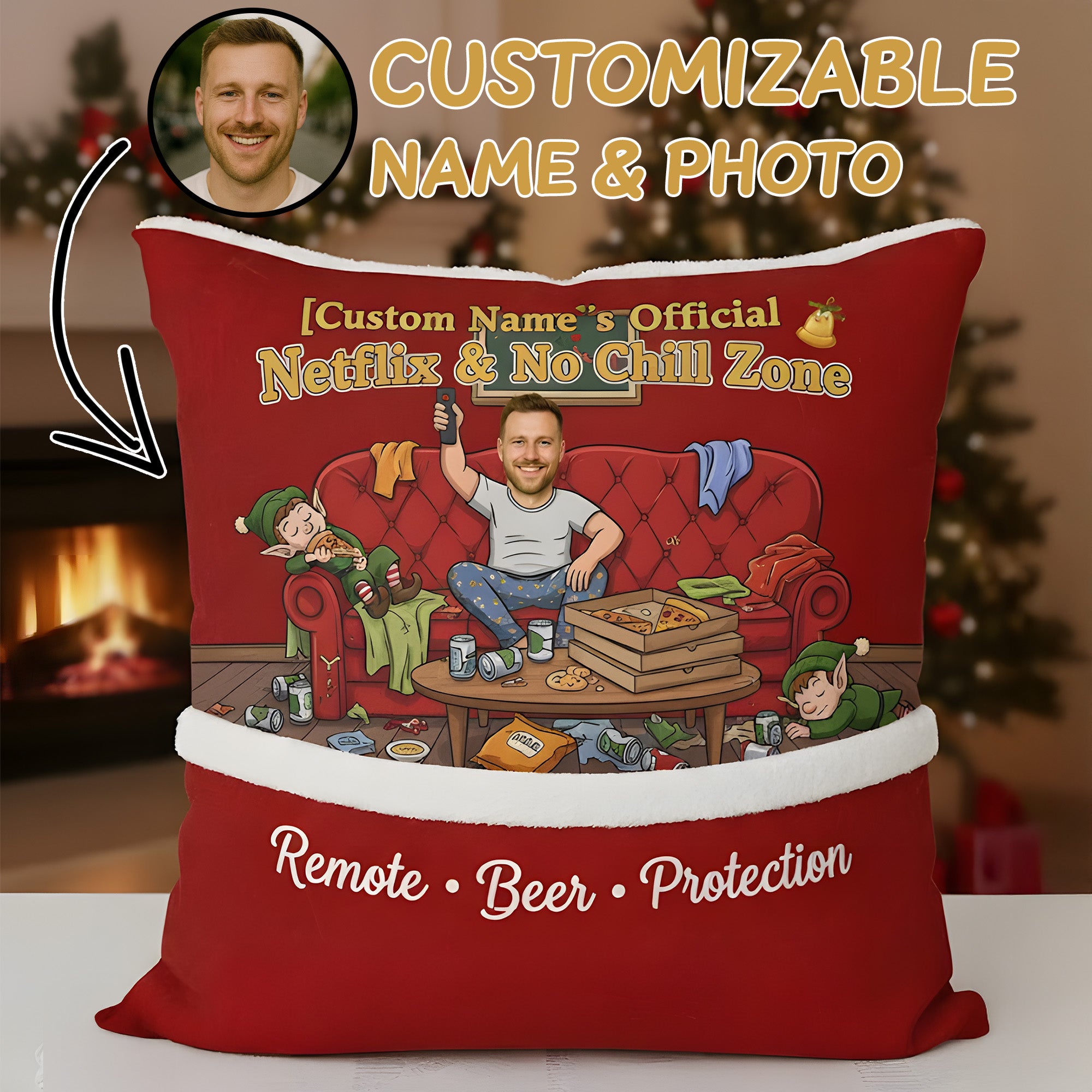 Funny Custom Christmas Pillow – Netflix & No Chill Zone, Personalized Photo & Name Gift, Holiday Humor Decor for Him | Pillow70
