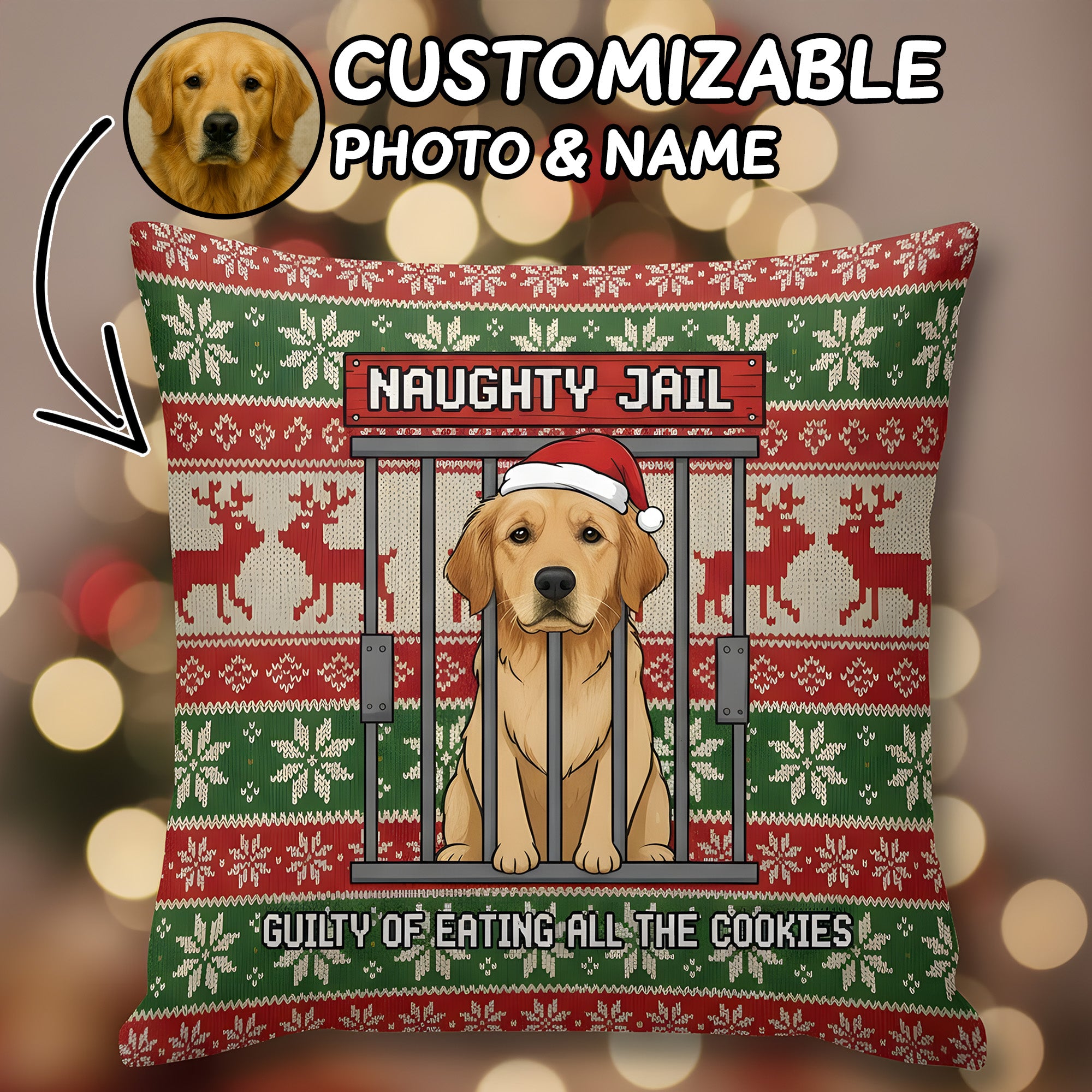 Custom Funny Dog Christmas Pillow – Naughty Jail Design, Personalized Pet Photo Gift, Cute Holiday Home Decor Cushion | Pillow74