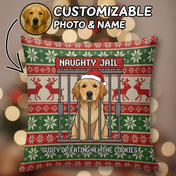 Custom Funny Dog Christmas Pillow – Naughty Jail Design, Personalized Pet Photo Gift, Cute Holiday Home Decor Cushion | Pillow74