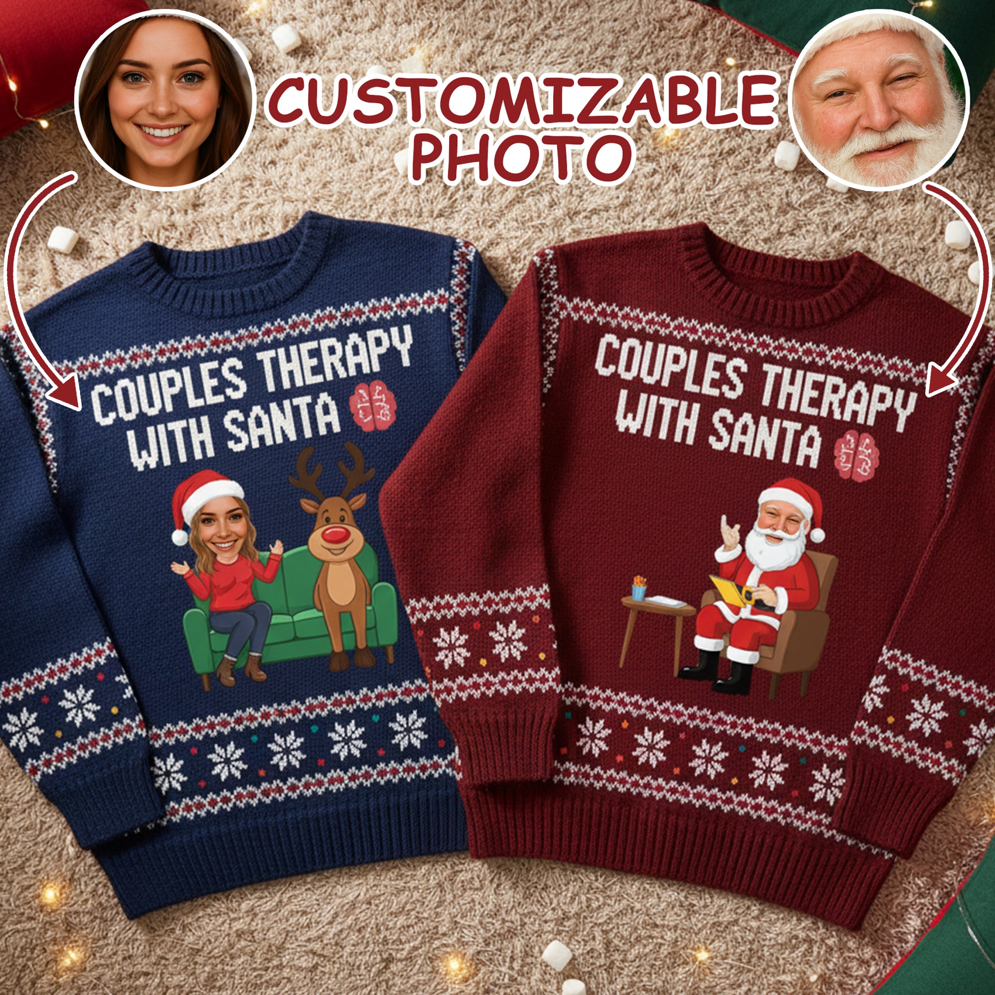 Couples Therapy with Santa Ugly Christmas Sweater – Customizable Photo, Funny Holiday Jumper for Couples | Ugly 49