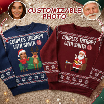 Couples Therapy with Santa Ugly Christmas Sweater – Customizable Photo, Funny Holiday Jumper for Couples | Ugly 49