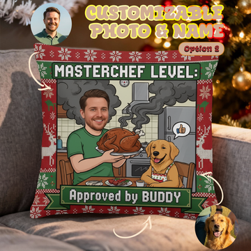 Funny Custom Pet Pillow – “Masterchef Level” Personalized Dog Christmas Cushion, Pet Owner Gift, Custom Face Holiday Decor | Pillow 66