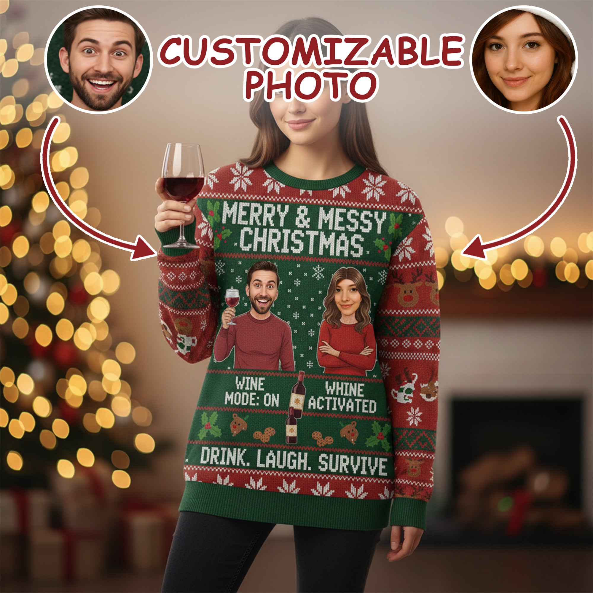 Merry & Messy Ugly Christmas Sweater – Customizable Photo, Funny Holiday Jumper, Wine Mode On, Whine Activated | Ugly 55