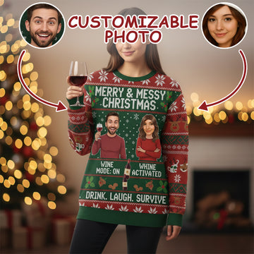 Merry & Messy Ugly Christmas Sweater – Customizable Photo, Funny Holiday Jumper, Wine Mode On, Whine Activated | Ugly 55