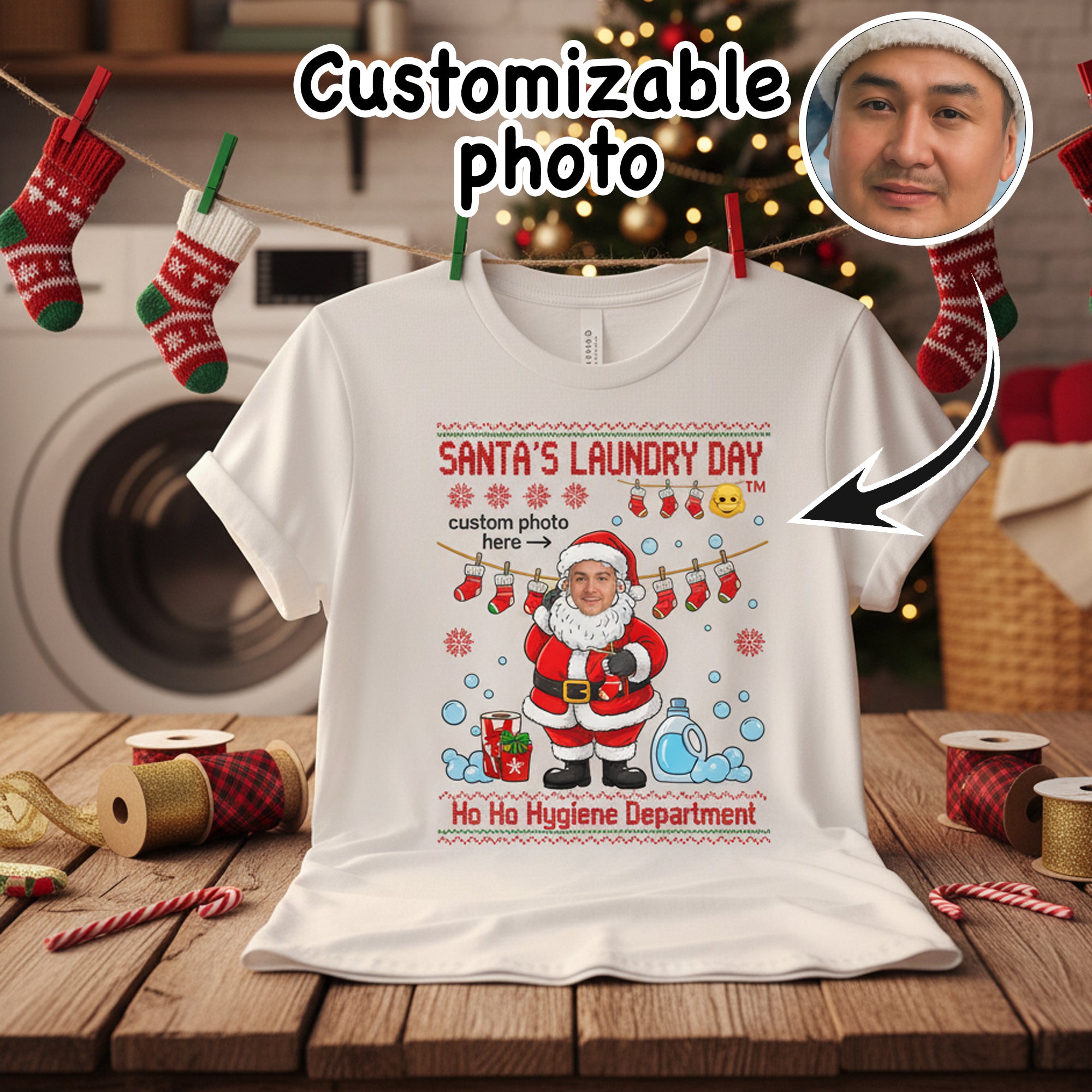 Santa’s Laundry Day Custom Photo Christmas T-Shirt, Funny Personalized Santa Tee, Holiday Family Matching Shirt, Xmas Gift for Him Her | T-shirt 10
