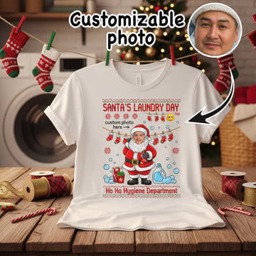 Santa’s Laundry Day Custom Photo Christmas T-Shirt, Funny Personalized Santa Tee, Holiday Family Matching Shirt, Xmas Gift for Him Her | T-shirt 10