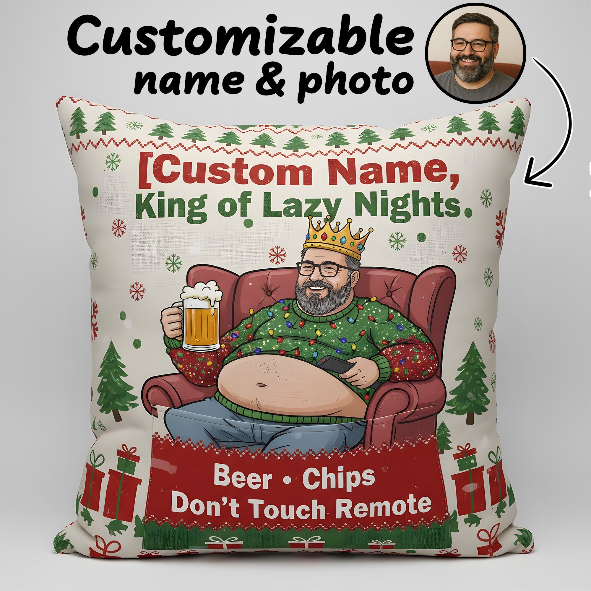 Custom King of Lazy Nights Pillow – Funny Personalized Gift for Men, Beer Chips Don’t Touch Remote, Custom Name & Photo Linen Cushion | Pillow64