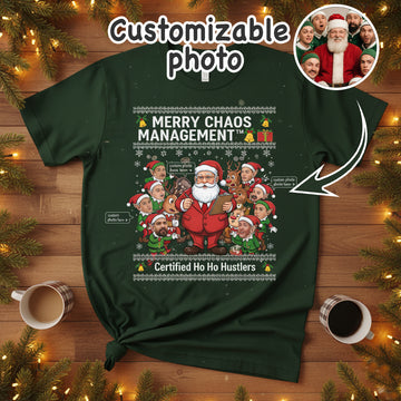 Merry Chaos Management Custom Photo Christmas T-Shirt, Funny Santa Elf Tee, Personalized Family Matching Holiday Shirt, Xmas Gift Idea | T-shirt 12