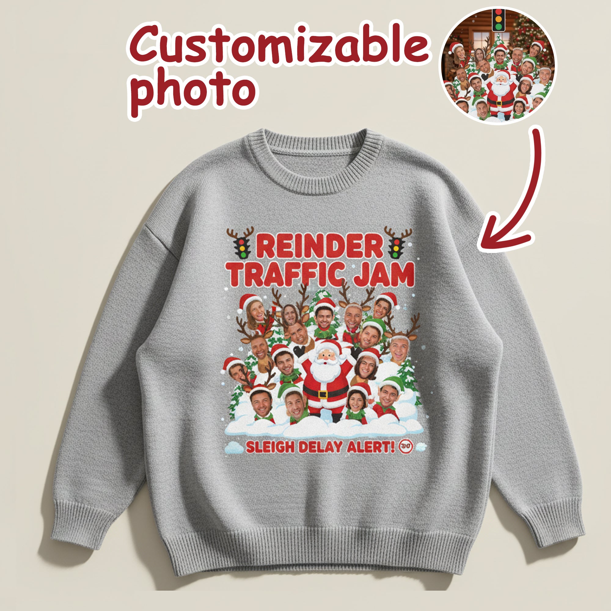 Reindeer Traffic Jam Ugly Christmas Sweater – Customizable Photo, Funny Holiday Jumper, Sleigh Delay Alert! | Ugly 110
