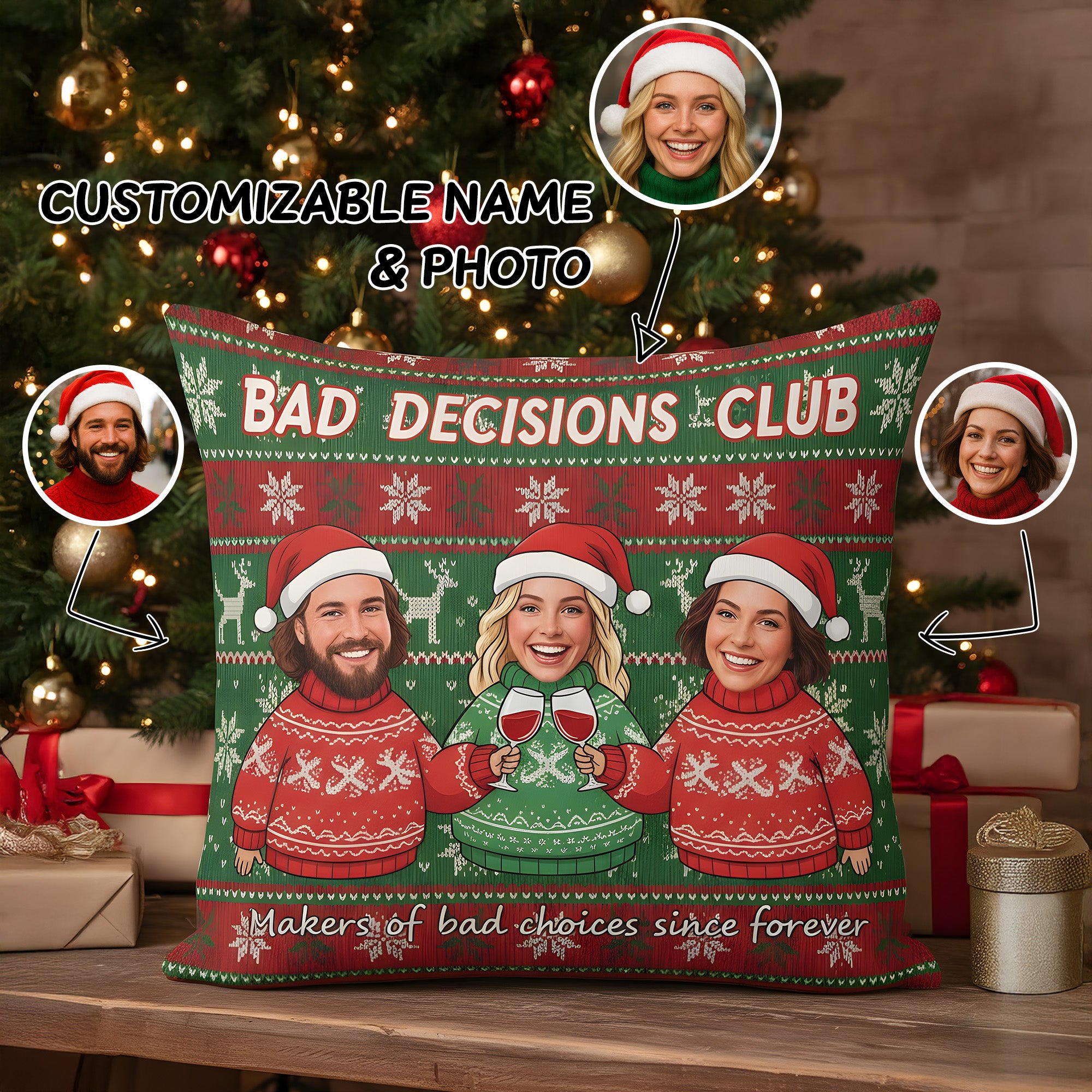 Personalized Christmas Pillow – Custom Faces & Names | Funny “Bad Decisions Club” Holiday Gift for Friends, Couples & Coworkers | Pillow13
