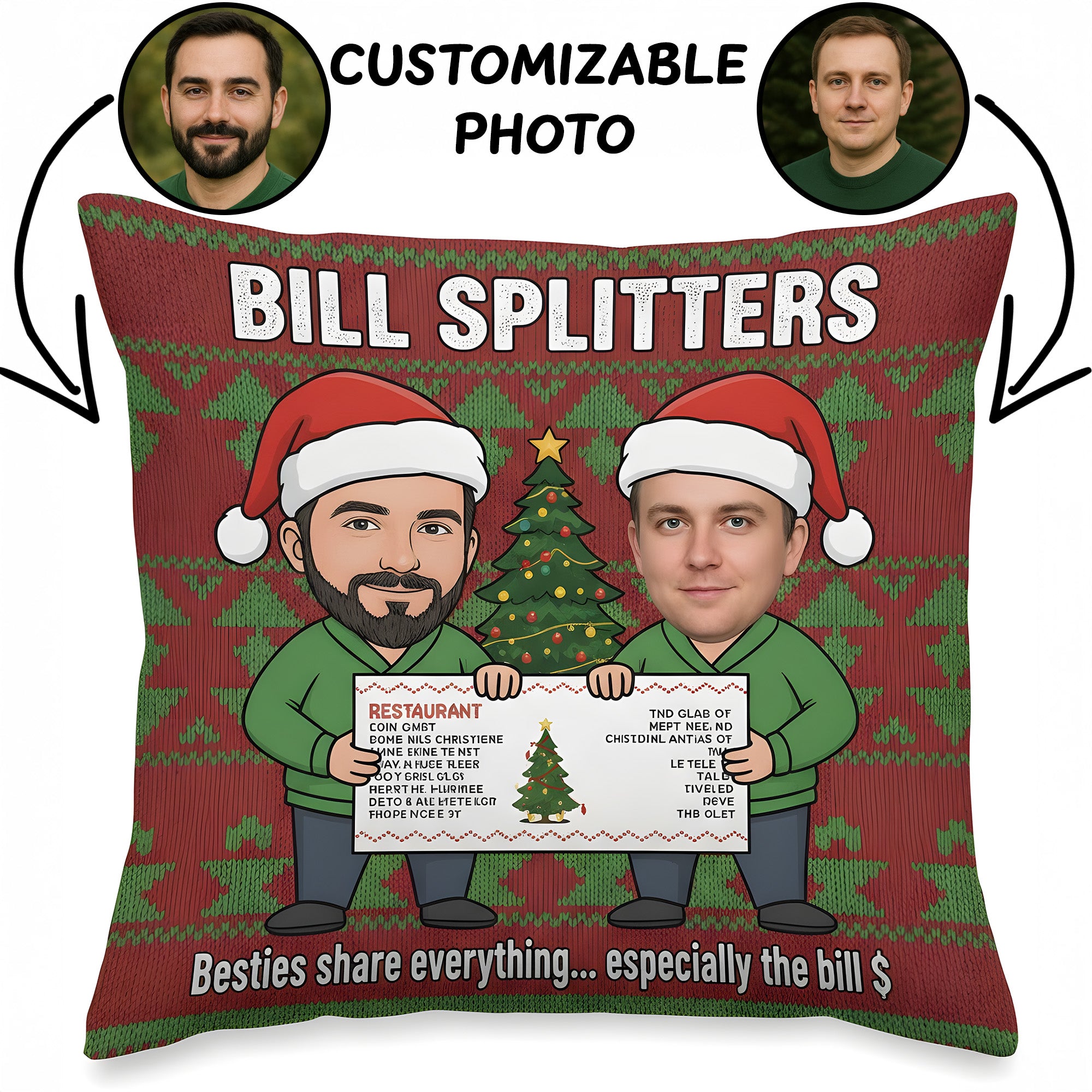 Custom Funny Christmas Pillow for Best Friends – Personalized Cartoon Face Gift, Bill Splitters Joke Cushion, Holiday Humor Decor | Pillow76