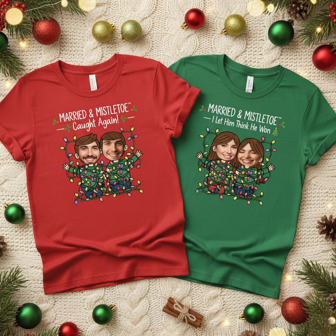 Married and Mistletoe T-Shirt, Funny Christmas Couple Tee, Custom Photo Shirt, Personalized Santa Lights T-shirt, Xmas Gift for Husband Wife | T-shirt 94