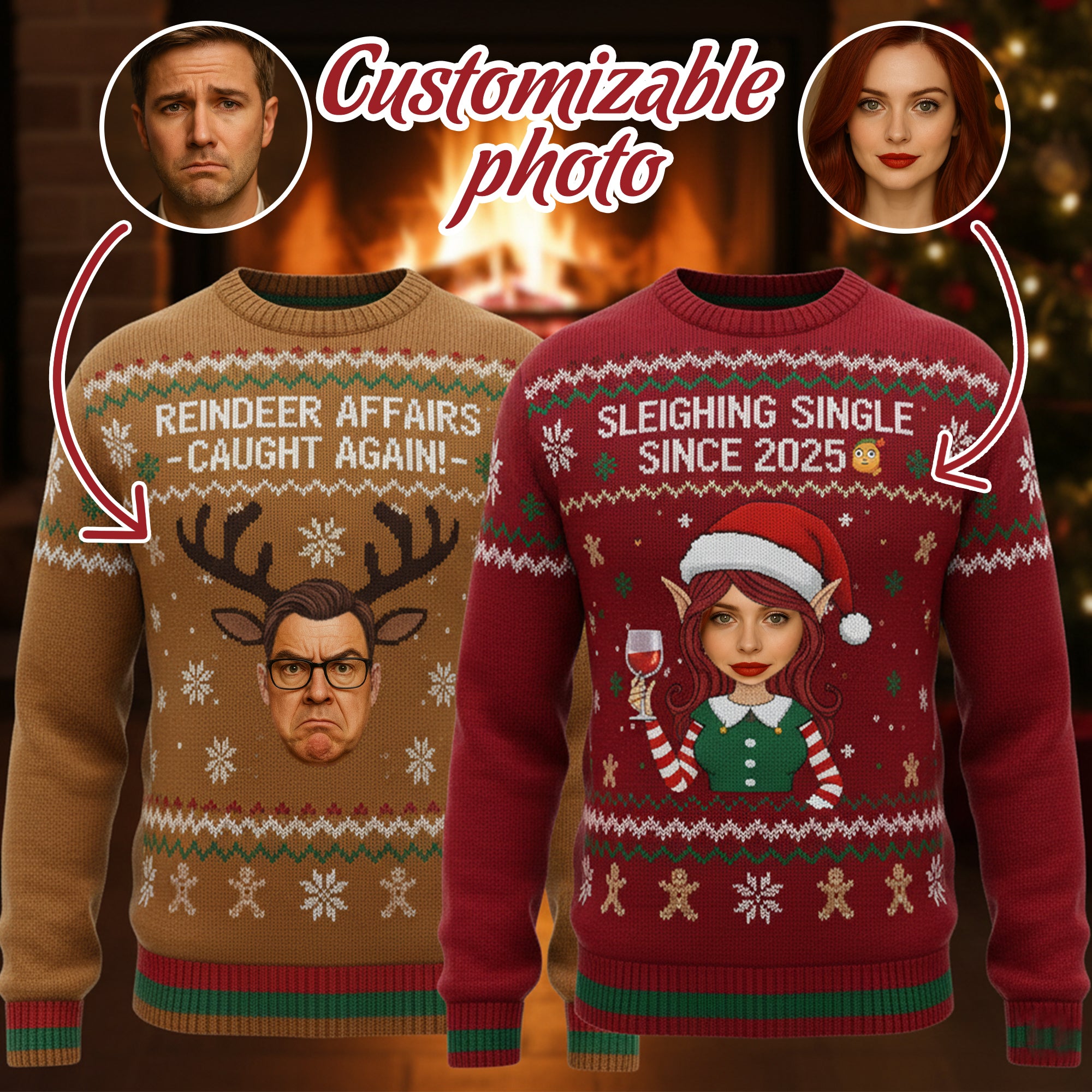 Custom Reindeer Affairs and Sleighing Single Ugly Sweater, Funny Christmas Sweater, Personalized Name & Photo for Holiday Parties | Ugly 41