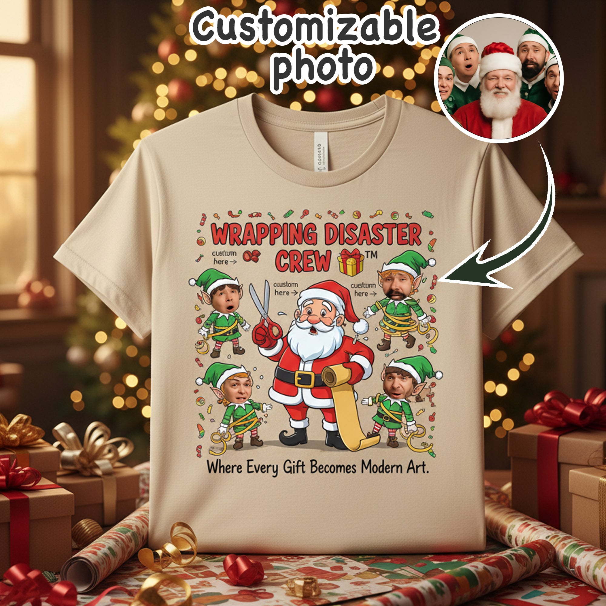 Wrapping Disaster Crew Custom Photo Christmas T-Shirt, Funny Personalized Santa Elf Tee, Family Matching Holiday Shirt, Xmas Gift Idea | T-shirt 15